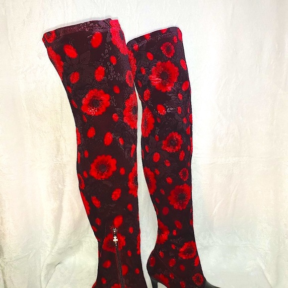 Mac J Black Cherry Stretch Velvet Red Floral OTK Stocking Boots 3.5" High Heel - Picture 10 of 15